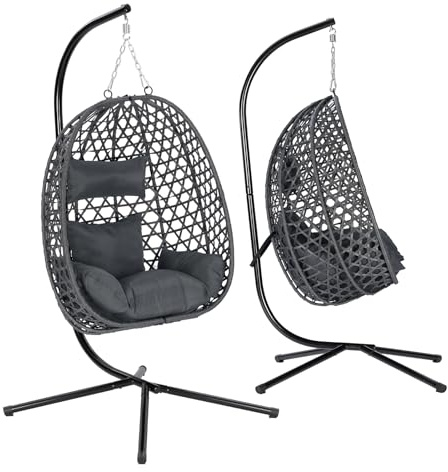 WOLTU Hängesessel mit Gestell PE-Rattan 150kg Grau | PE-Rattan; Metallgestell; mit Kissen & Kopfstütze; Indoor & Outdoor; 150kg