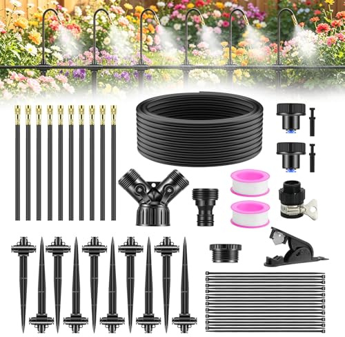 Feelhap 15M Sistema di Irrigazione Automatica da Giardino Regolabile a 360° | Sistema di Raffreddamento,Kit di Irrigazione Nebulizzata con 10 ugelli Regolabili per Serra,Aiuola rialzata,Terrazza,Piante