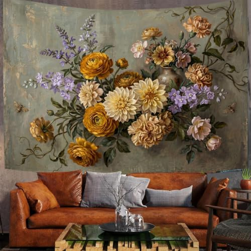 GSAEIMCT Pfingstrosen-Hortensie Wandteppich Klassisches Stillleben Wandteppiche Aesthetic Spirituell Tapestry Wandtuch Für Schlafzimmer Wohnzimmer Büro Party, Gelb 230 X 180 Cm