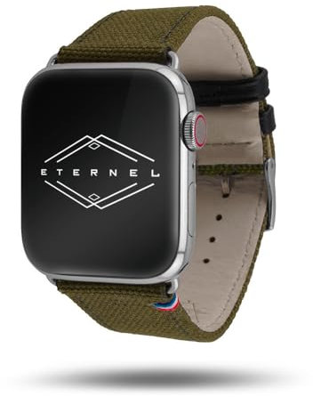 Eternel - Cinturino compatibile con Apple Watch New Rover kaki 38/40/41/42 mm adattatori in acciaio inossidabile argentato - Tessuto made in France - Compatibile con tutti gli Apple Watch