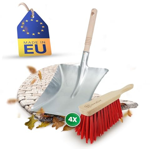 Novaliv 4X Kehrblech Set Mit Handfeger - Elastonborsten und Metall Kehrblech Silber Verzinkt - Kehrblechgarnitur Zum Aufkehren - Handkehrset Mit Kehrschaufel und Feger