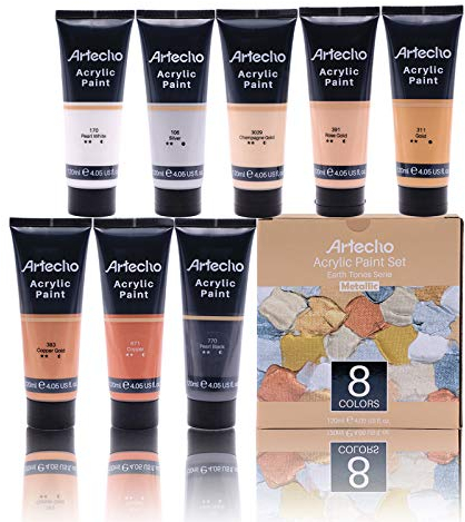 Artecho 8 Color Metallic Acrylic Paint Set - 4.05oz / 120ml Tube - Champagne Gold, Rose Gold, Copper, Pearl White, Silver, Pearl Black