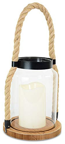 Riffelmacher Glaslaterne mit Kordel und Holzsockel 20913-16x30cm - Dekoration Maritimer Flair Landhausstil Timer Batteriebetrieben