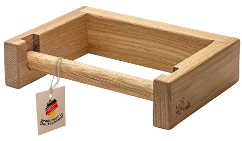Voak® Toilettenpapierhalter Holz ohne Bohren | Made In Germany | 100% Natur Eiche | Klopapierhalter mit Ablage | Kleben oder Bohren | WC Papier Bad Halterung | Klorollenhalter geölt & Handgefertigt