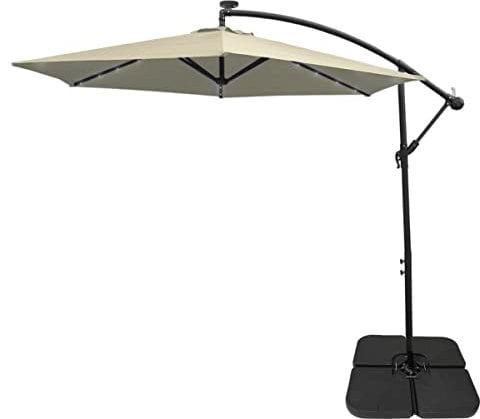 LED Cantilever Parasol 3m Cream Banana Hanging Umbrella Garden Sun Shade Canopy Patio 360 Rotation Tilt UV Protection Winding Crank 24 Solar Powered Cool White Lights FREE Rain Cover & Square Base