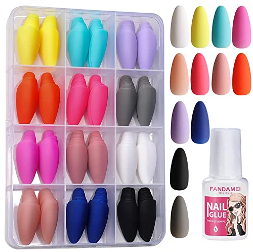 FANDAMEI 288 Stk. 12 Farben Bunte Matte Künstliche Nägel zum Aufkleben Mandel Mittlere Länge, Acryl Nagelspitze, Falsche Nägel Gefälschte Nägel, Künstliche Fingernägel, mit Nagelkleber