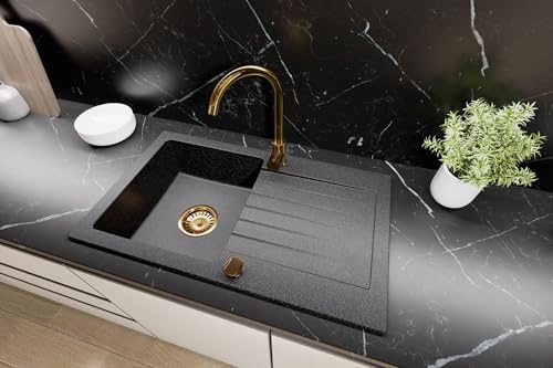 Faizee Home | Granitspüle Schwarz – Küchenspüle 76x44 cm | Inkl. Siphon-Set Gold | Reversibel, kratzfest & hitzebeständig | Spülbecken für Unterschrank ab 45 cm (Ohne Armatur)