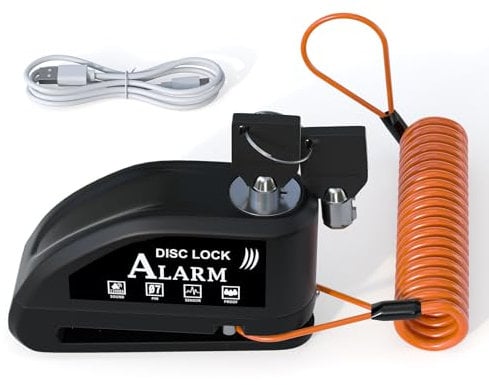 JAGASOL Motorcycle Lock Rechargeable, Alarm Disc Brake Lock with Reminder Cable, 110 dB Alarm Sound, Anti-Theft Waterproof, 2 H Fast-Charging, 9 Months Standby, 7mm Lock Pin Universal for Bikes