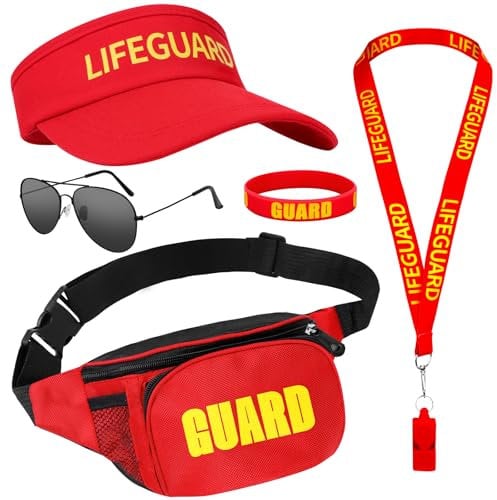 Dreamtop 5 PCS Rettungsschwimmer Kostüm Set Lifeguard Kostüm Baywatch Kostüm mit Einstellbar Rettungsschwimmer Hut Gürteltasche Pfeife Sonnenbrille Armband für Erwachsene Frauen Männer