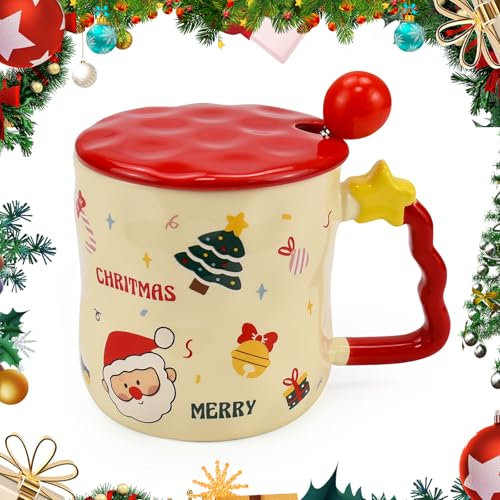 ADERTOS Taza de Café de Navidad 380ml, Tazas de Cerámica de Navidad, Taza de Leche con Tapa y Pajita, Taza de Té, Taza Navideña para Regalar, Taza de Navidad para Cumpleaños Fiesta Navidad