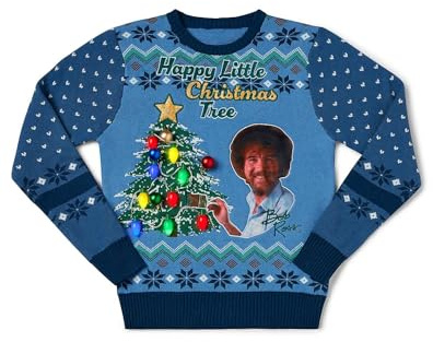 Spencer's Leuchtender Bob Ross Happy Little Christmas Tree Christmas Sweater | Offizielles Lizenzprodukt | Ugly Christmas Sweater