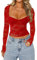 Women's Sexy Floral Lace Top - Long Sleeve Sweetheart Neck Mesh Crop, Slim Fit Layering Going Out Tee Blouse (Red, L)