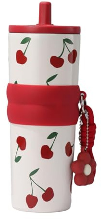 perfk Isolierte Trinkflasche aus Edelstahl, stilvolles Damen-Cartoon-Design mit Strohhalm, isolierter Becher für Büro, Spaziergänge, Wandern, Zuhause, Rote Kirsche
