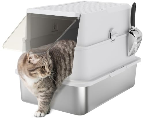 PawHut Katzenklo Edelstahl mit Deckel XL Ohne Streufilter-Trittplatte | Katzentoilette mit Streuschaufel, Katzentoilette mit Deodorierungsbeutel, für Katzen bis 7 kg Leicht zu Reinigen Hellgrau