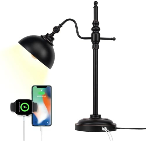 JCPYIUL Industrielle Schreibtischlampe, Schwarze Metall-Arbeitsleuchte mit 2 USB-Ladeanschlüssen, verstellbar, Vintage-Bauernhaus-Stil für Schlafzimmer, Café, Schlafsaal
