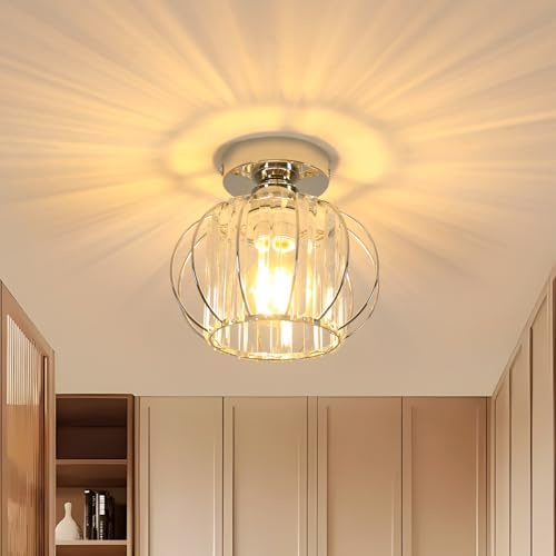 Goeco Modern Deckenleuchte Kristall, E27 Fassung Deckenlampe, Chrom | 19CM Vintage Pendelleuchte mit Käfig-förmigen Lampenschirm Metall Lampenschirm in Käfigform für Esszimmer, Flur, Wohnzimmer