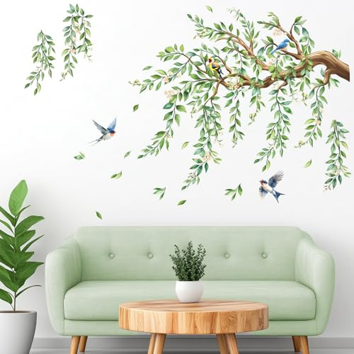 FUFUQUARE Green Hanging Vine Floral Birds Large Tree Branch Wall Stickers | PVC Removable for Living Room Bedroom Playroom Nursery