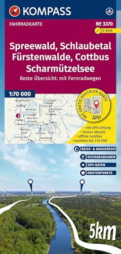 KOMPASS Fahrradkarte 3370 Spreewald, Schlaubetal, Fürstenwalde, Cottbus, Scharmützelsee mit Knotenpunkten 1:70.000: reiß- und wetterfest