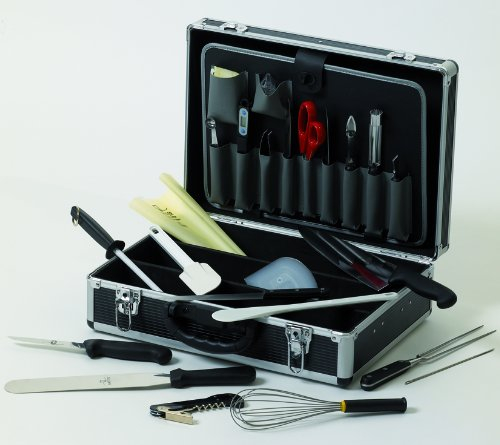 Mallette cuisine professionnelle 24 pièces. Mallette en ABS noir et aluminium, 3 compartiments intérieurs afin de séparer ustensiles et couteaux.