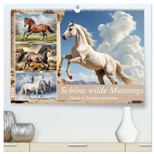 Schöne wilde Mustangs (hochwertiger Premium Wandkalender 2026 DIN A2 quer), Kunstdruck in Hochglanz: Die Schönheit der wilden Pferde inmitten atemberaubender Landschaften. (CALVENDO Tiere)