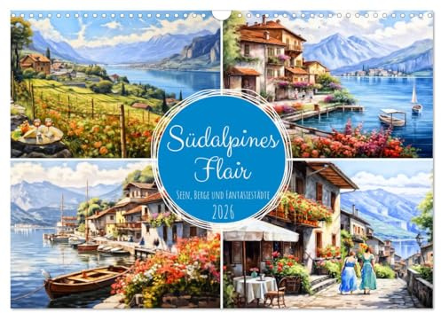 Südalpines Flair - Seen, Berge und Fantasiestädte (Wandkalender 2026 DIN A3 quer), CALVENDO Monatskalender: Eine malerische Aquarell-Reise durch die südlichen Alpen (CALVENDO Orte)