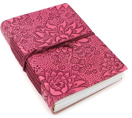 Notizbuch Tagebuch Lotusblüte, 9x13x2,5 cm, 288 Seiten liniert und 6 Deckblätter goldgelb, Ledereinband rosa pink mit Prägung Lotus Blume Blüte, handmade Notebook
