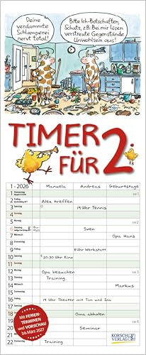 Timer für 2 2026: Familienplaner mit 3 breiten Spalten. Familienkalender mit Tier-Comics, Ferienterminen, Vorschau bis März 2027 und tollen Extras. 19 x 46 cm