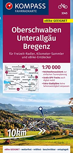 KOMPASS Fahrradkarte 3345 Oberschwaben, Unterallgäu, Bregenz 1:70.000: reiß- und wetterfest mit Extra Stadtplänen