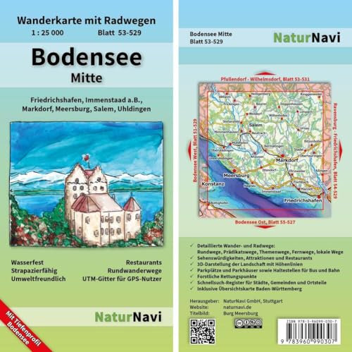 Bodensee Mitte: Wanderkarte mit Radwegen, Blatt 53-529, 1 : 25 000, Friedrichshafen, Markdorf, Salem, Uhldingen, Meersburg, Immenstaad a.B. (NaturNavi Wanderkarte mit Radwegen 1:25 000)