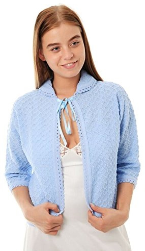 Lady Olga Ladies Knitted Traditional Front Tie Bed Jacket Bolero style ¾ Length sleeves Blue Size