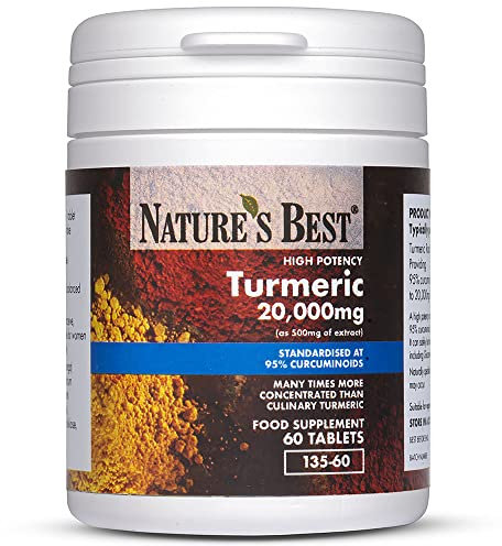 Turmeric Tablets 20,000mg (as 500mg of Extract) | High Strength 95% Curcumins | 60 Vegan Tablets; 2 month's Supply | UK Made | One of The UKs Strongest and purest Turmeric Tablets
