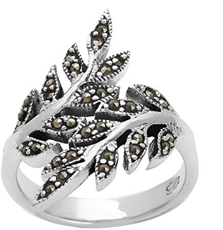 Silverly Markasit-Ring mit Breiter Blattranke in 925 Silber im Vintage-Stil der 1920er Jahre | Sterlingsilber-Ring mit Überlappenden Baumzweigen für Damen | Jugendstil-Design