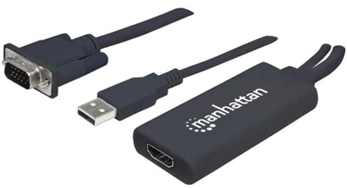 Manhattan VGA and USB-A to HDMI Converter, Analog VGA Video and USB Audio to Digital HDMI Signal, 1920x1080, 1080p@60Hz, 24-bit colour, 1.65 Gbps / 165 MHz, Blister
