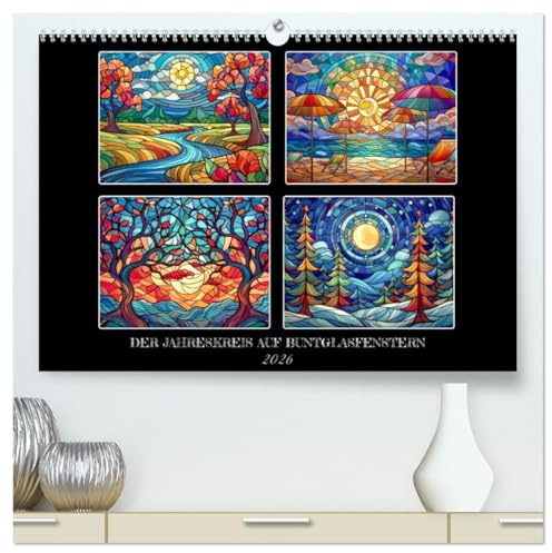 Der Jahreskreis auf Buntglasfenstern (hochwertiger Premium Wandkalender 2026 DIN A2 quer), Kunstdruck in Hochglanz: Für jeden Monat ein buntes Fenster (CALVENDO Kunst)