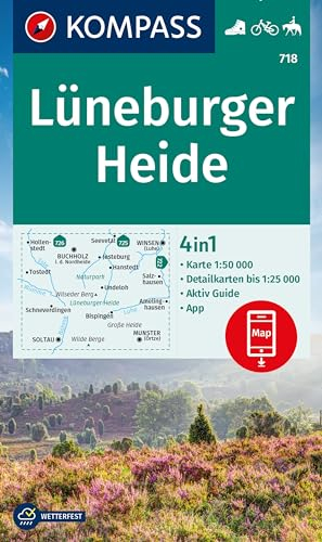KOMPASS Wanderkarte 718 Lüneburger Heide 1:50.000: 4in1 Wanderkarte mit Aktiv Guide und Detailkarten inklusive Karte zur offline Verwendung in der KOMPASS-App. Fahrradfahren. Reiten.