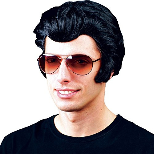 Wicked Costumes Men's Black Quiff Wig with Sideburns, 1950s Rock & Roll | Black quiff wig with attached sideburns for 1950s rock and roll, singer, musician and retro fancy dress costumes.
