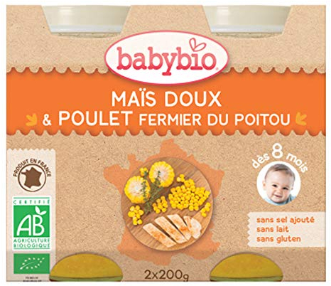 Babybio Petits pots maïs doux & poulet fermier du Poitou, dès 8 mois, bio - Les 2 pots de 200g