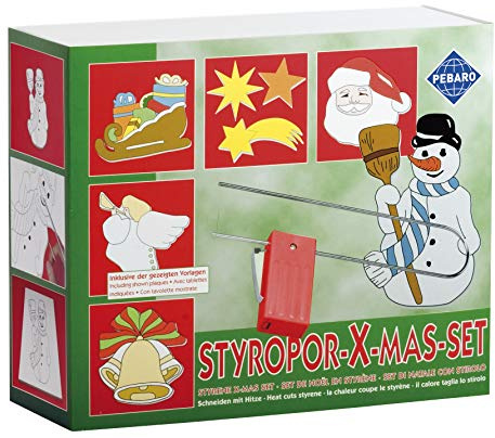 Pebaro 800W Geschenk-Set: Batteriebetriebener Styroporschneide, Styrocutter, inkl. Ersatzschneidedraht, 10 Styroporplatten: 5 Blanco, 5 mit Weihnachtsmotiven, Gestalten, Weihnachtskarten, Dekoration, 23 x 19 x 8 cm