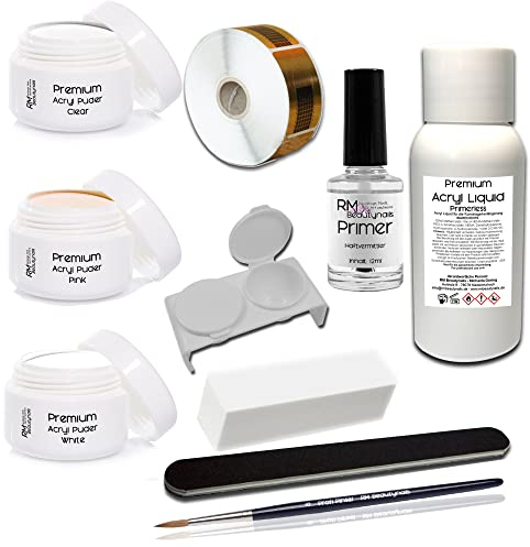 Acryl Set 1 Nagelset Starterset 50ml Liquid Acrylpuder Pulver Klar - Weiß - Pink Klar - Primer Feile Buffer Nägelset