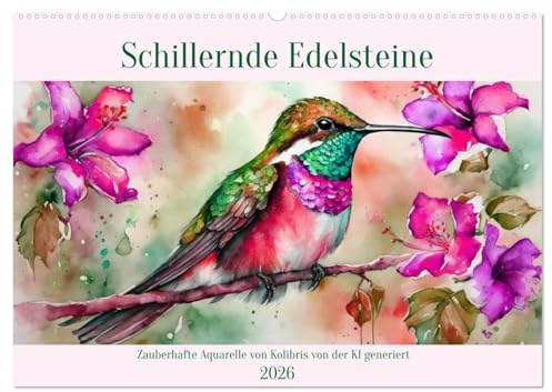 Schillernde Edelsteine (Wandkalender 2026 DIN A2 quer), CALVENDO Monatskalender: Zauberhafte Aquarelle von Kolibris KI-generiert (CALVENDO Tiere)
