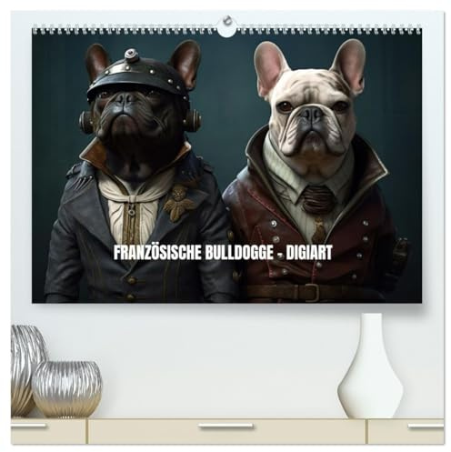 Französische Bulldogge KI Digiart (hochwertiger Premium Wandkalender 2026 DIN A2 quer), Kunstdruck in Hochglanz: Digitale KI Frenchie Kunst, eine Reise durch die Zeit. (CALVENDO Kunst)