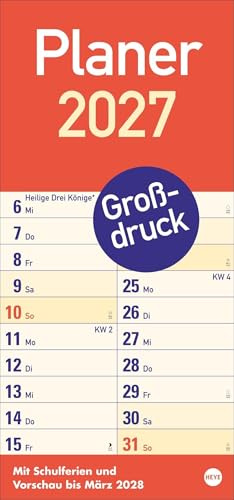 Großdruck Planer 2027: Praktischer Wandplaner mit extra großer Schrift. Großer Wandkalender mit Schulferien und 3-Monats-Ausblick. Terminkalender 2027. 21 x 45 cm