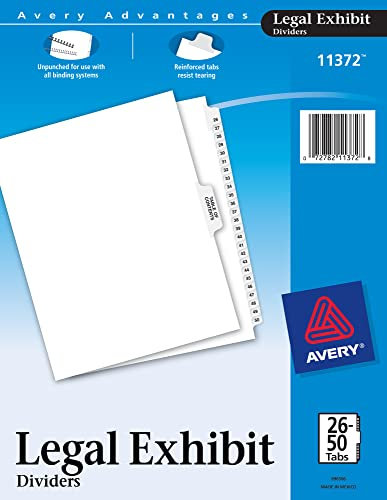 Avery Premium Collated Legal Exhibit Divider Set, AVERY Style, 26-50 und Inhaltsverzeichnis, Seitenlasche, 8,5 x 11 Zoll, 1 Set (11372), weiß