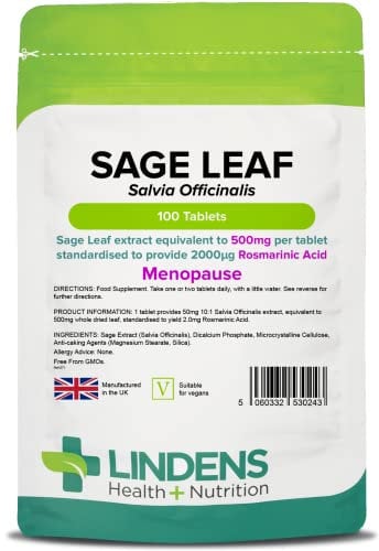 Lindens - Sage Leaf Extract 500mg Tablets - 100 Pack - UK Made - Equivalent to 500mg Dried Leaf Per Tablet - Standardised to Yield 2mg Rosmarinic Acid - Letterbox Friendly, Vegan