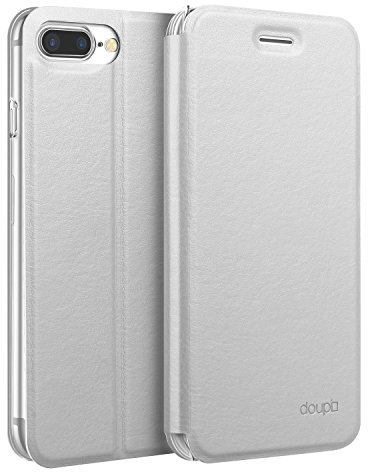 doupi Deluxe FlipCase per iPhone 8 Plus / 7 Plus (5,5 Pollici), Protezione Custodia Ultra Slim Magnete Flip Cover Protettiva Book Style Etui Stare in Piedi, Bianco