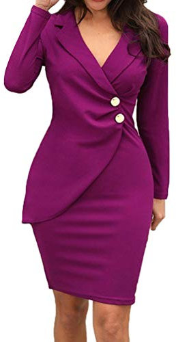 shownicer Donna Vestiti Eleganti Corti Vestitini Blazer Ragazze Manica Lunga V Neck Abito da Giorno Doppio Petto Abiti Casual Vestito Tailleur Puro Colore Dress Mini Abbigliamento E Viola XS