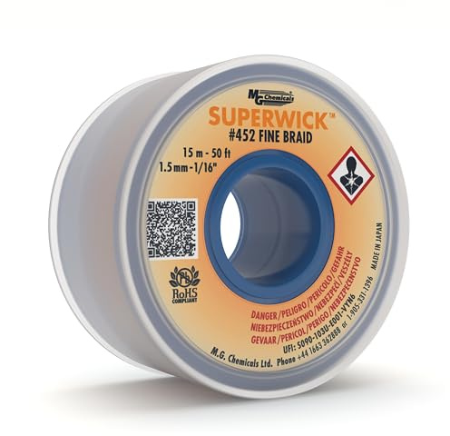 MG Chemicals Desoldering Braid #2 Fine Braid Super Wick with RMA Flux, 50' Length x 0.05 Width, Yellow