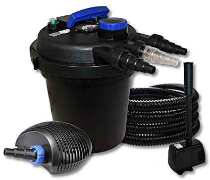 SunSun Komplettset: CPF-180 Teichdruckfilter bis 6000 L mit 11 Watt UV-C Teichklärer, CTF-6000 SuperECO Teichpumpe 6000l/h 40W, 25m Teichschlauch 25 mm (1), HJ-943 ECO Springbrunnenpumpe 800l/h 16W