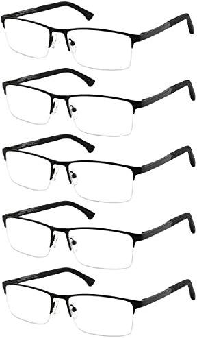 EYECEDAR 5-Pack Reading Glasses Men Metal Half Frame Rectangle Style Clear Lens Spring Hinges Stainless Steel Material Readers 1.50