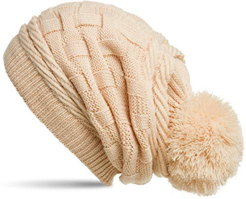 Caspar MU130 Damen Gefütterte Strick Long Beanie mit Zopfmuster und Wollbommel, Größe:One Size, Farbe:aprikot